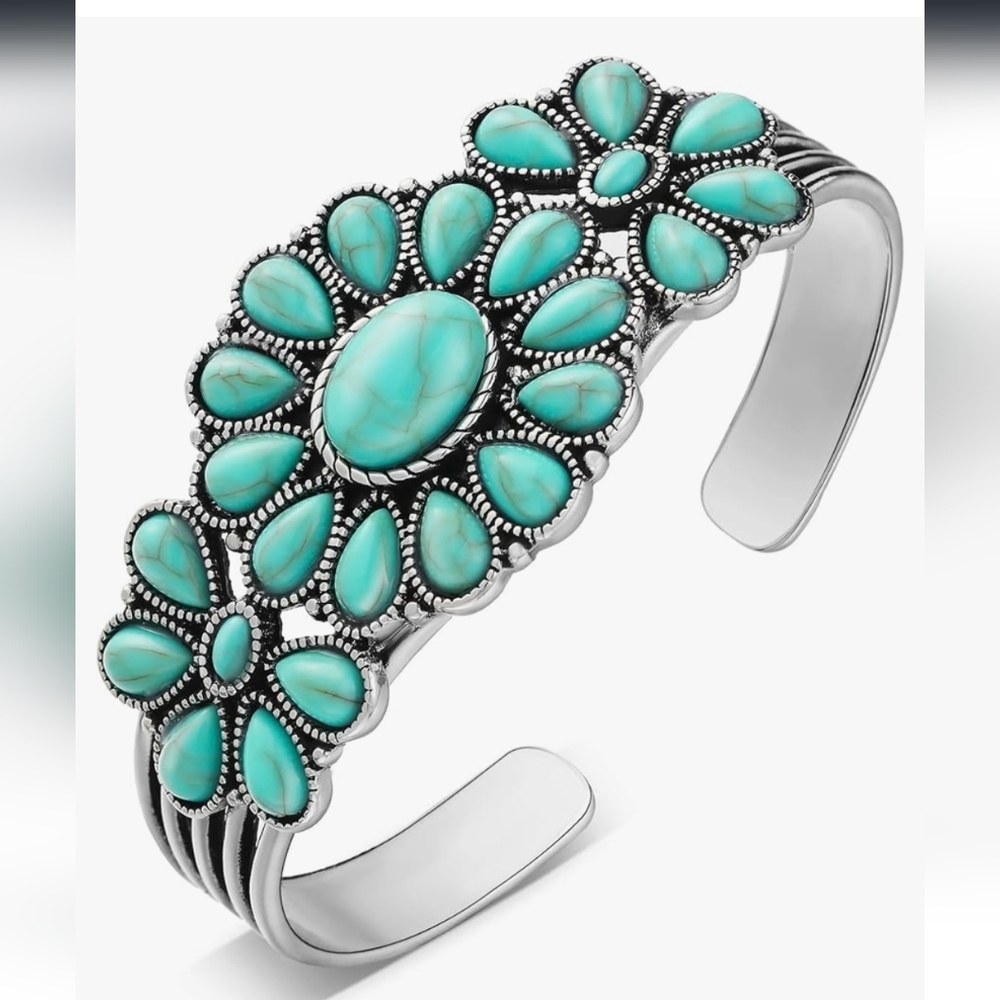 NEW Faux Turquoise Western Cuff Braclette Silver Tone